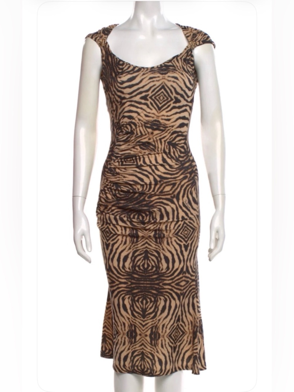Roberto Cavalli Beige and Black Animal-Print Midi Dress